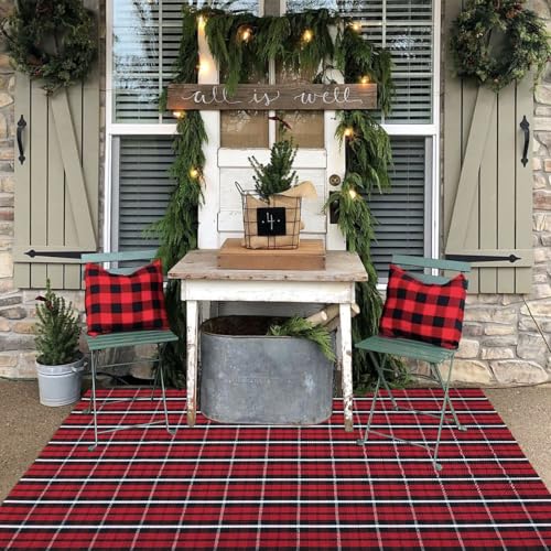 Buffalo Plaid Outdoor Rug, 4' x 6' Christmas Red & Black Check Indoor/Outdoor Area Rug, Layering Rug for Hello/Welcome Door Mat, Machine Washable Cotton Woven Farmhouse Mat for Front Porch Decor - color: Christmas Plaid, size: 4' x 6' (Rectangular)