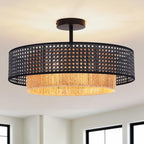 19.7" Black Bohemian Wicker Flush Mount Ceiling Light, Hand-Woven Double Layer Drum Semi-Flush Fixture for Bedroom, Living Room, Dining Room, Hallway & Kitchen - color: 19.7'' Rattan&Hemp rope Black