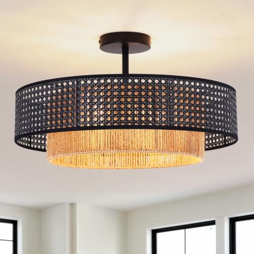 19.7" Black Bohemian Wicker Flush Mount Ceiling Light, Hand-Woven Double Layer Drum Semi-Flush Fixture for Bedroom, Living Room, Dining Room, Hallway & Kitchen - color: 19.7'' Rattan&Hemp rope Black