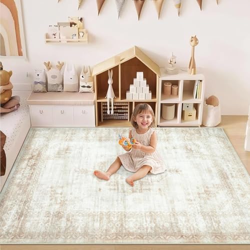 Aoyaomi Vintage Living Room Area Rug - 5x7 Large Machine Washable Boho Moroccan Distressed Farmhouse Rugs for Bedroom - Soft Non-Slip Indoor Floor Accent Rugs for Office Dining Room (Beige, 5' x 7') - color: Beige, size: 5' X 7' (Rectangular)