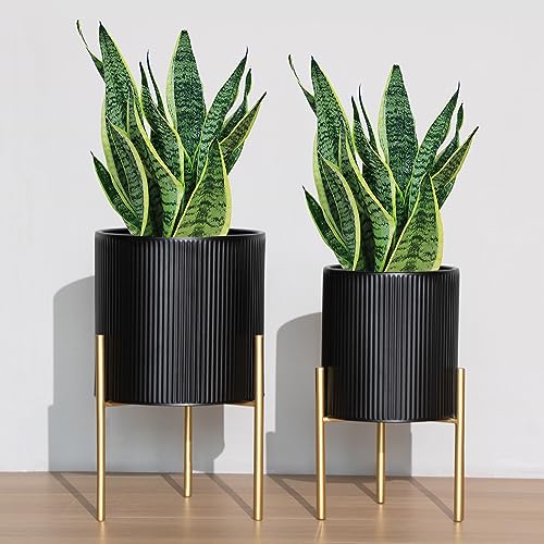 ARNIS Modern Planter Pots, Set of 2 Round Large Planters with Stand, Decorative Planters, Metal Pots with Drainage Holes for Living Room, Office, Garden or Balcony, 8.25 &10.5 Inch, Black & Gold - color: Black, size: 8.25 &10.5