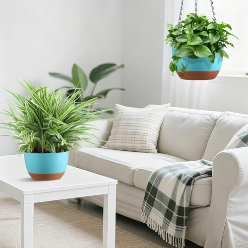 Set of 2 Hanging Planters for Indoor Outdoor Plants, 8 Inch Self-Watering Hanging Flower Pots with Drainage Hole & Removable Water-Storage Tray (Hooks) - color: Sky Blue, size: 8 Inch (S)
