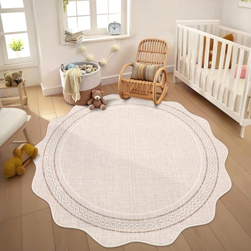 GarveeHome Scalloped Round Area Rugs, Washable Small Round Rug 3ft Non-Slip, Soft Boho Ultra-Thin Circle Low Pile Stain Resistant Carpet for Bedroom Entryway Kitchen Laundry Bathroom, Beige - color: Beige, size: 3' (Round)