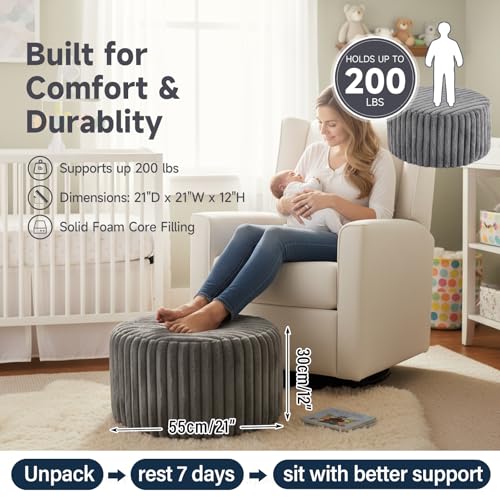 Tiita Round Stuffed Pouf Ottoman, Stripe Faux Fur Poufs with Foam Chunk Filling, Furry and Fluffy Pouf 21×21×12 inch Foot Stool Storage Ottoman,Puff Office Foot Rest for Couch Living Room, Grey - color: Striped Round Grey