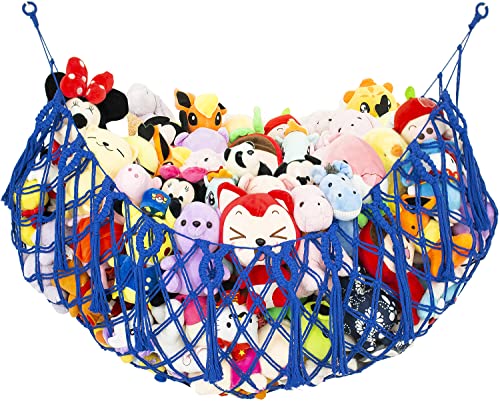Stuffed Animal Storage Hanging Net or Hammock for Stuffed Animals Handmade Macrame Toy Hammock Plush Toy Hammock Organizer (Blue) - color: Royal Blue for Wall, size: 60" W