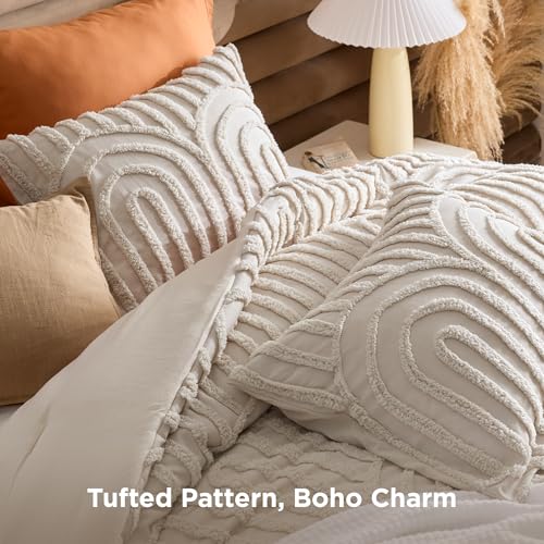 Bedsure Boho Tufted Beige Comforter Set Queen Size, GentleSoft™ 3 Pieces Boho Farmhouse-Style Decor Bedding, Arch Bedding for All Seasons, 1 Bed Comforter, 2 Pillow Shams, 90x90 Inches - color: 02 - Arch Jacquard Beige, size: Queen (90" x 90")