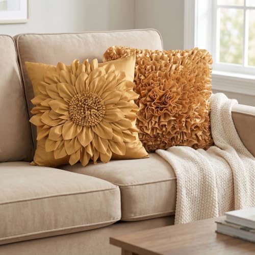 Bella's Giftshop 3D Sunflower Decorative Throw Pillow Covers for Bed Sofa Couch Car, Accent Floral Taffeta Cushion Cover, Handmade Pillow Cases Living Room Decor, 17x17 Inch-Gold - color: Gold