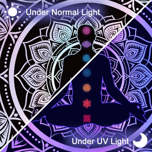 CRAFTYMELODY Meditator Blacklight Tapestry Glow in the Dark Tapestry UV Reactive Mandalas Wall Hanging 59×51 Inch with Hook Self Adhesive Sticker Clip for Bedroom Home Wall Decoration - color: Meditator