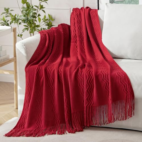 MIULEE Burgundy Red Knitted Throw Blanket for Couch Boho Textured Cozy Woven Blanket with Tassels for Sofa Chair Bed Living Room Acrylic Wave Pattern 50"x60" - color: Burgundy, size: 50" x 60"
