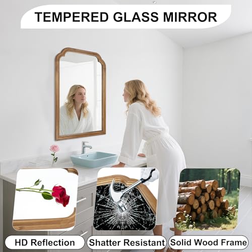 Wood Bathroom Mirror for Wall, 30 x 20 Inch Decorative Wall Mirror with Rustic Wooden Frame for Living Room, Vanity, Bedroom, Entryway, Farmhouse - color: Wood, size: 30"L x 20"W