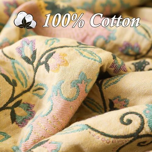 Snycler Boho Throw Blanket 60"x80" - 100% Cotton Ultra Soft Rustic Quilt, Green Floral Printed Farmhouse Decor for Bed, Sofa, Couch, Chair - All Season Cozy Blanket - color: Boho Floral Green, size: 60"x80"
