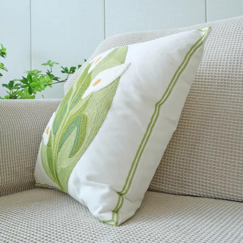 vctops Farmhouse Calla Lily Cotton Tufted Throw Pillow Cover Spring Floral Embroidery Pillowcase Soft Square Cushion Case for Sofa Couch Bed Chair (White C,18"x18") - color: White C