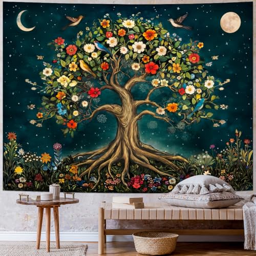 Amtoodopin Tree of Life Tapestry Mystic Boho Flowers Tapestry Vintage Aesthetic Tree Wall Tapestries Retro Nature Floral Plants Tapestries Wall Hanging for Bedroom - size: 59.1"L x 51.2"W