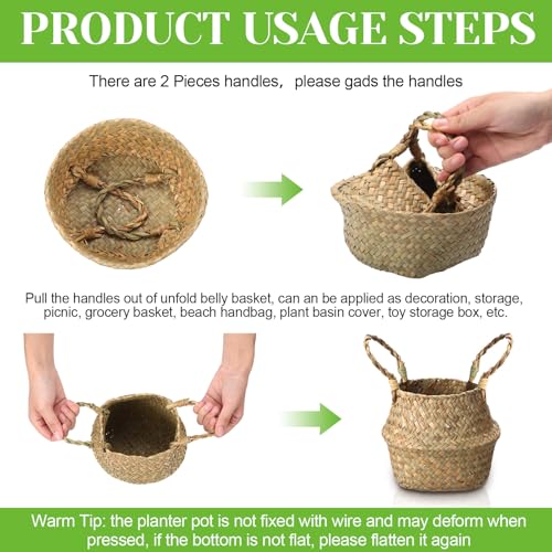 Qunclay 4 Pcs Woven Seagrass Baskets Belly Basket Folding Boho Natural Plant Pot with Handles Round Decorative Wicker Large Indoor Planter for Home Outdoor Tree Planters Decor (Xs,7.9''dx6.3''h) - size: XS,7.9''Dx6.3''H