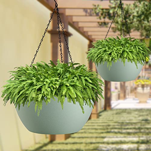 WOUSIWER 13 inch 2 Pack Large Hanging Planters for Indoor Outdoor Plants with Drainage Holes and Chain, Round Hanging Flower Pots for Garden Home Porch Decor, Green - color: Green