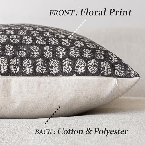 Foindtower Set of 2 Decorative Neutral Floral Print Throw Pillow Covers Vintage Accent Farmhouse Cushion Covers Boho Home Decor for Sofa Couch Chair Bedroom Living Room,18×18 Inch,Black - color: Black Sand, size: 18" x 18" (Pack of 2)