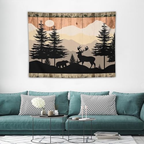 ZhiRain Farmhouse Forest Cabin Deer Tapestry Wall Hanging Rustic Wooden Tree Country Deer Bear Tapestries Home Decor for Living Room Bedroom Apartment Dorm 30"x40" - color: Cabin-16, size: 30"L x 40"W