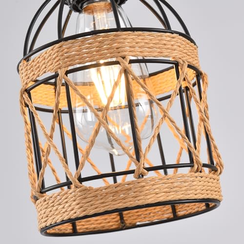 3 Light Hemp Rope Plug in Pendant Light Rattan Hanging Lights with Plug in Cord with Woven Lamp Shade, Plug in Cord Hemp Rope Hanging Lamp - color: 3 Light Rattan Pendant Light