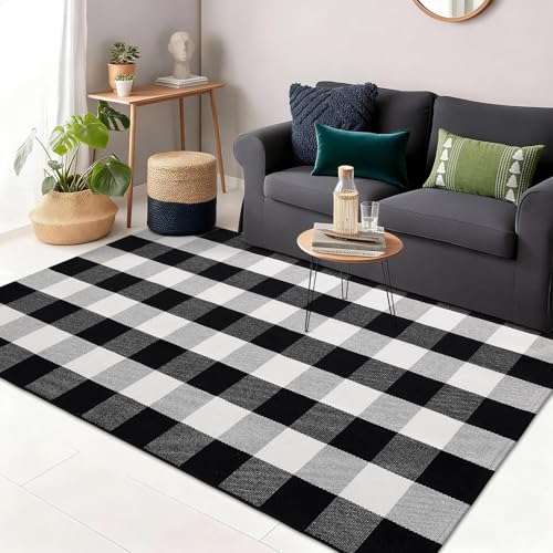 OLANLY Buffalo Plaid Rug 3' x 5' – Black and White Cotton Checkered Doormat, Washable Indoor Outdoor Rug for Layered Front Porch, Kitchen, Entryway Decor - color: Black White Buffalo Check, size: 3' X 5' (Rectangular)