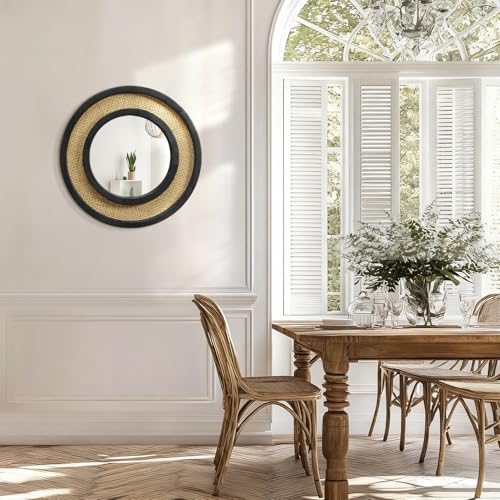 JJUUYOU Wall Mirror Black with Circle Wood Frame Round Rattan Hanging Mirrors Decorative for Bedroom Living Room Bathroom Entryway 16 Inch - color: Round Mirror-black, size: 16"L x 16"W