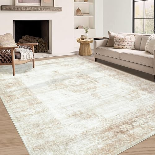 Aoyaomi Vintage Living Room Area Rug - 5x7 Large Machine Washable Boho Moroccan Distressed Farmhouse Rugs for Bedroom - Soft Non-Slip Indoor Floor Accent Rugs for Office Dining Room (Beige, 5' x 7') - color: Beige, size: 5' X 7' (Rectangular)