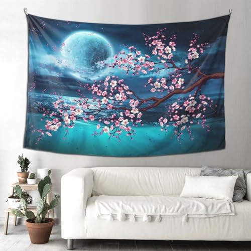 Keiutexe Full Moon Over Ocean Tapestry 60" X 40" Japanese Cherry Blossom Wall Hanging Party Decorations Home Decor For Bedroom Living Room Dorm (150 X 100cm) - color: Full Moon, size: 60 X 40 Inch