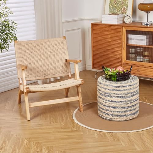 Wimarsbon 18'' Ottoman Pouf, Natural Braided Poof, Rustic Handweave Lounge Pouffe, Boho Footrest Stool for Bedroom, Accent Table for Living Room (Blue Corn Husk) - color: 18inch Natural & Blue Corn Husk