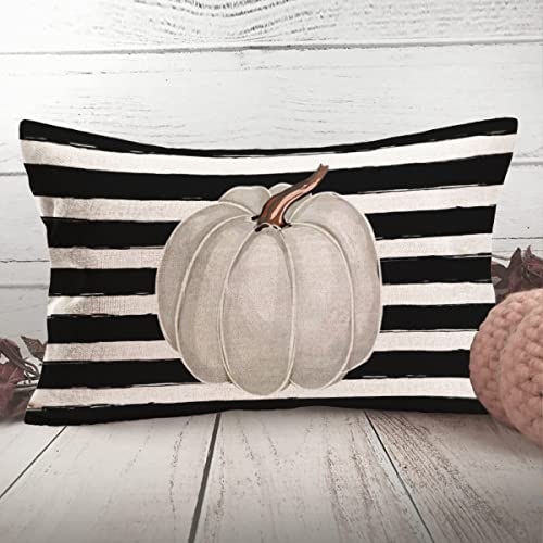 Fall Decor Grey Pumpkin Throw Pillow Covers 12x20 Inch White Black Stripes with Pumpkins Seasonal Autumn Harvest Thanksgiving Halloween Farmhouse Decoration Pillow Cases Cotton Linen - color: Grey Pumpkin Black Stripes