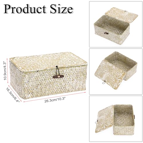 Hipiwe Wicker Shelf Baskets Bin with Lid Natural Seagrass Basket Storage Boxes Small Woven Basket Multipurpose Home Organizer Bins Box for Shelf Closet Bedroom Living Room Home Decor, Whitewash - color: Whitewash, size: Small