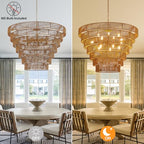 39.4" Large Rattan Chandelier 15-Lights Farmhouse Boho Woven Bamboo Chandelier Rustic Drum Wicker Rattan Golden Chandeliers for Dining Room, Kitchen, Living Room, Entryway, E12 - color: Gold 39IN