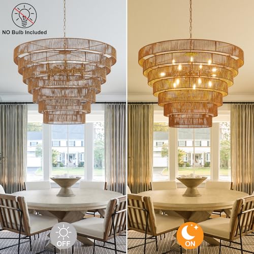 39.4" Large Rattan Chandelier 15-Lights Farmhouse Boho Woven Bamboo Chandelier Rustic Drum Wicker Rattan Golden Chandeliers for Dining Room, Kitchen, Living Room, Entryway, E12 - color: Gold 39IN
