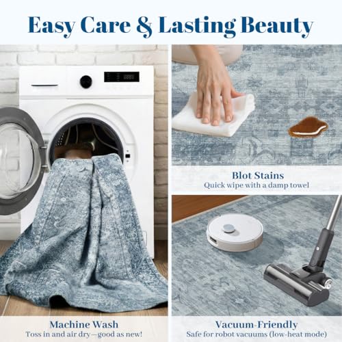Homemate Washable Rug 3x5 Area Rugs - Vintage Faux Wool Rugs for Living Room Bedroom Dining Room - Non Slip Foldable Carpet Indoor Area Rug for Home Decor（3'x5', Blue - color: Blue, size: 3x5 ft