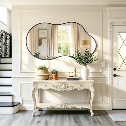 JJUUYOU Irregular Wall Mirror Black Metal Framed Decorative Asymmetrical Bathroom Mirrors Large 26"x47" for Living Room Bedroom Entryway Hanging Home Decor - color: Black, size: 47"L x 26"W