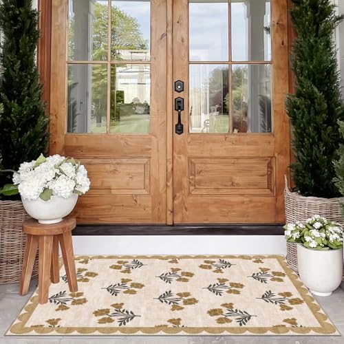 Floral Outdoor Rug - 28" x 43" Front Door Mat Indoor Outside Entrance Non-Slip Washable Outdoor Mat Beige Vintage Farmhouse Rug for Entryway Kitchen Bedroom Layered Doormat for Front Porch - color: Flower - Beige, size: 2'4" x 3'7" (Rectangular)