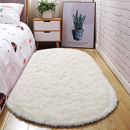 junovo Ultra Soft Washable Shaggy Rug - Non-Slip Oval Carpet for Nursery, Kids Bedroom & Home Decor (2.6x5.3ft Creamy) | Plush Fluffy Floor Mat for Cozy Living Spaces - color: Creamy, size: 2.6' x 5.3'