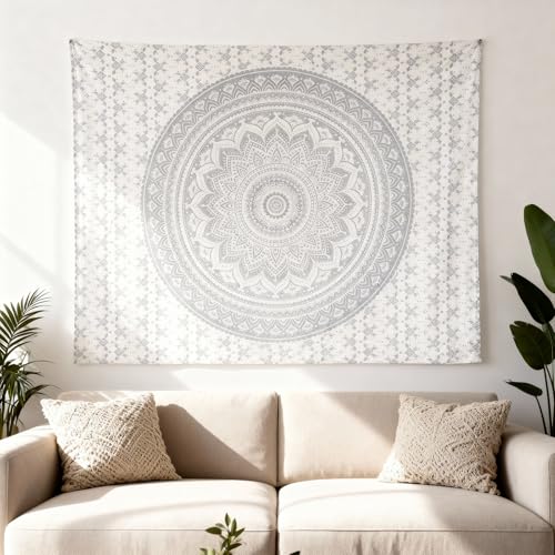 FURNISHFUL FINESSE Handmade Cotton Mandala Wall Tapestry - White Silver Ombre Boho Wall Decor, Bohemian Hippie Room Hanging for Bedroom, Dorm & Living Room Aesthetic - 30x40 Inches - color: Silver, size: 40"L x 30"W