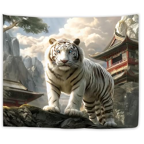 Yookeb White Tiger Animal Tapestry 59W by 51H Inch Wall Hanging Cool Majestic Wildlife Man Bedroom Living Room Dorm Polyester Fabric Home Decor - color: White Tiger, size: 59"L x 51"W