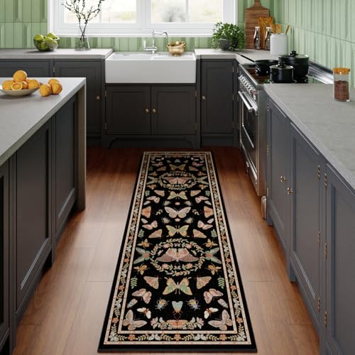 Unirea 2x6 Black Runner Rug, Washable Non Slip Insect Botanical Rug for Hallway, Kitchen, Bathroom, Laundry Room, Entryway, Bedroom, Soft Boho Door Mat Indoor Entrance Bug Rugs, Low Pile Carpet - color: Black, size: 2'x6'