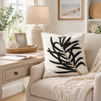 Coastal Growth Decorative Throw Pillow Cover | Tufted Botanical Design | Handmade Artisan Accent Pillow | Neutral Cream & Black Modern Organic Home Decor | 16in x16 in | Obsidian Reed