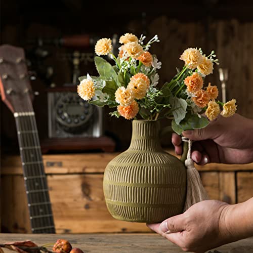 Mowtanco Farmhouse Vase with Handle and Tassel, Grey Yellow Vertical Stripes Design Clay Vase 10'' Tall - Ceramic Flower Vase for Rustic Home Decor, for Fireplace Kitchen Living Room Centerpieces - color: Green