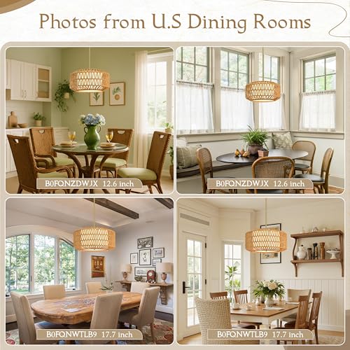 12.6 inch Natural Rattan Light Fixture Woven Pendant Lights Rustic Light Fixtures Fabric Shade Boho Chandelier for Dinning Room Kitchen (Bulb Incl.) - color: 12.6"-Natural-Prism