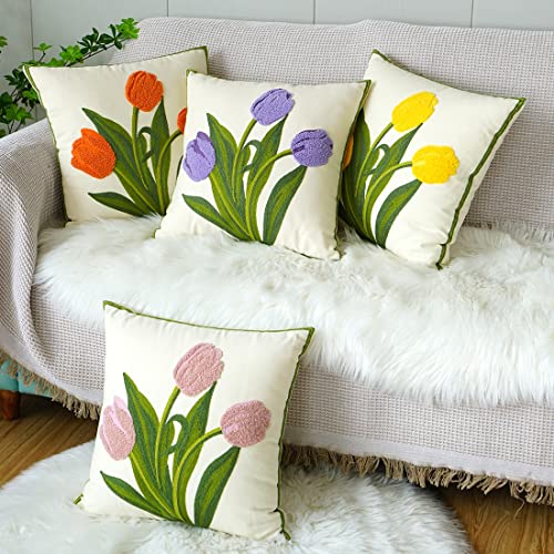 vctops Farmhouse Tulip Cotton Tufted Throw Pillow Cover Spring Floral Embroidery Pillowcase Soft Square Cushion Case for Sofa Couch Bed Chair (Yellow,18"x18") - color: Yellow