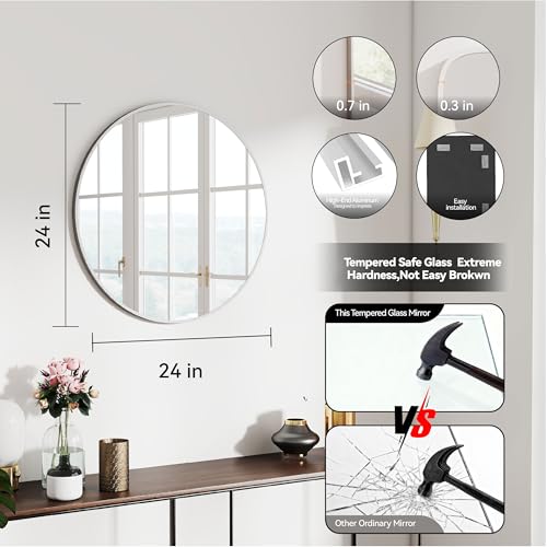 SCWF-GZ 24" Round Mirror Circle Wall Mounted Hanging or Against Wall Aluminum Alloy Metal Frame Dressing Make-up Mirrors for Entryway Bedroom Bathroom Living Room 24 inch Silver - color: Silver, size: 24"L x 24"W