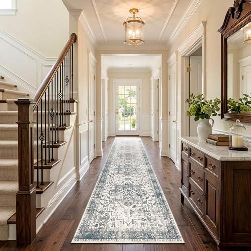 Rugxara 2x10 Washable Runner Rug, Non Slip Boho Runner Rugs for Hallway, Kitchen, Entrance, Bathroom, Laundry Room, Soft Ultra-Thin Entryway Carpet, Throw Low Pile Retro Imitation Carpet, Blue Grey - color: Blue & Grey, size: 2' x 10' (Rectangular)