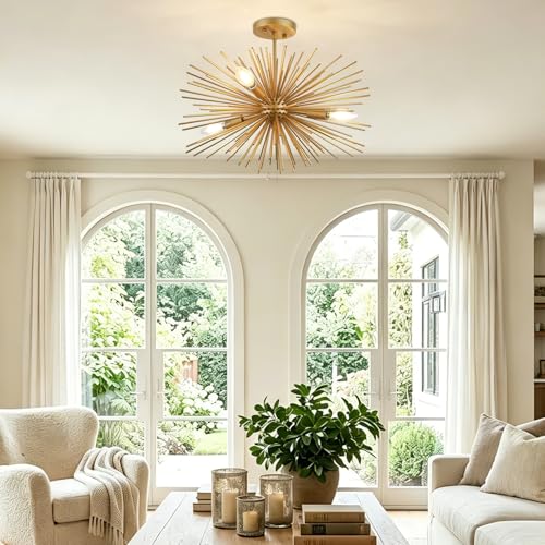 Modern Sputnik Chandelier Ceiling Light Fixture,4-Light Gold Semi Flush Mount Ceiling Light,20in Solid Metal Starburst Satellite Urchin Chandelier for Entry Dining Room Bedroom Kitchen Foyer - color: Gold 20" 4-Light
