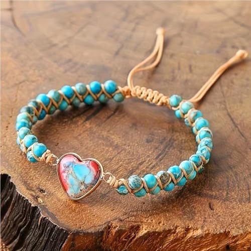 Women Boho Wrap Bracelet,Handmade Natural Stone Crystal Emperor Beads Heart Bracelet, Fashion Bohemian Jewelry Gift for Women - color: Blue #2