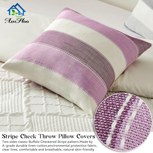 AmHoo Pack of 2 Farmhouse Stripe Check Throw Pillow Covers Set Case Cotton Linen Decorative Pillowcases Cushion Cover for Couch Bench Sofa 16x16 Inch Purple - color: Purple, size: 16" x 16" (Pack of 2)