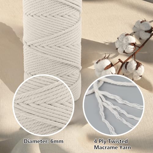 Macrame Cotton Cord 6mm x 109yds, ZUEXT Natural Handmade Beige White Braided Cords 4 Strands Knitted Rope String for Craft Wall Hanging Weaving Tapestry Dream Catchers Hanger DIY Gift (100m) - color: Beige White, style: 6mm x 100m