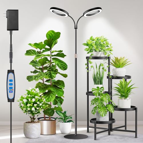 Aumtrly Large Plant Light for Indoor Plants, 2 Head Full Spectrum Grow Light with 68" Adjustable Stand for Growing Large Tall Plants, Black Halo Floor LED Grow Lamp with 16 Hour Timer - size: 2 head 68inch/black