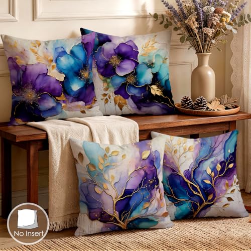 OBSEDE Decorative Throw Pillow Covers Set of 4, 18x18 Inch Purple and Blue Abstract Floral Watercolor Pillow Cases with Gold Accents for Couch Sofa Bedroom, Modern Artistic Home Decor - color: Gilded Ink Bloom, size: 18" x 18" (Pack of 4)